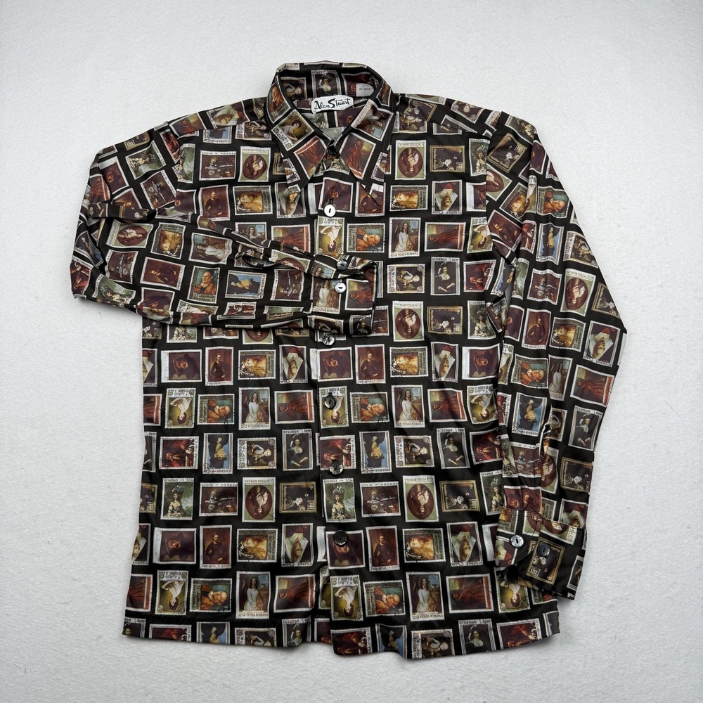 Vintage Alan Stuart Shirt Mens Medium 15-15.5 Black Art Print Button Down 90s - Picture 2 of 9